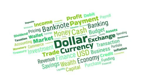 Ollar currency word cloud featuring finance, banking, investment, trade and.. 스톡 일러스트
