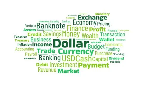 Ollar currency word cloud featuring finance, banking, investment, trade and.. 库存插图