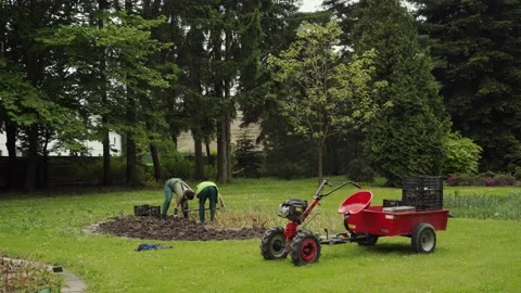 Olomouc, Czech - May 2019: two gardeners working in the garden planting a tree 库存影片 143821708