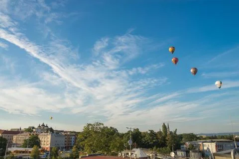 Olomouc Czech Rep, 18th August 2017. Hot air balloons flying over the city of Stock Photos