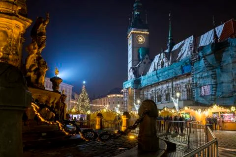 Olomouc Czech Rep 7th December Chrismas market with punch stands and the city Stock Photos