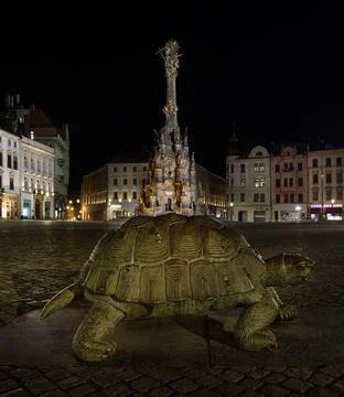 Olomouc, Czechia - 10 03 2021: Old Town Square with Bronze turtle and Holy Stock Photos