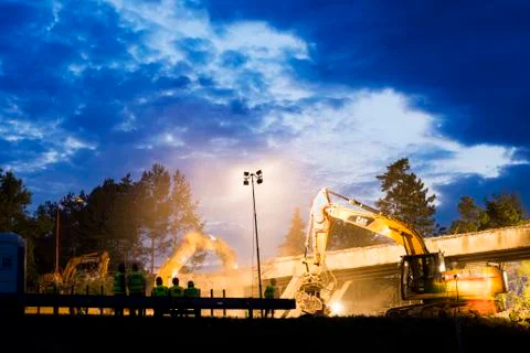 Olsany Czech Rep. 16th June 2018 Highway bridge demolition night scene. Hight Stock Photos