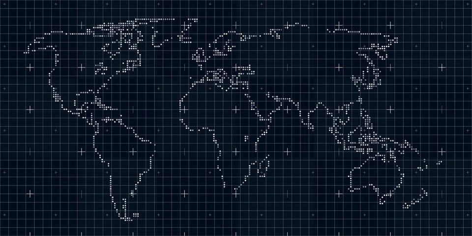 Olutlined World Map Overlayed with Dots and Plus Symbols Stock Illustration