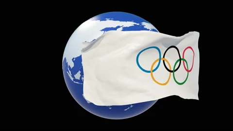 Olympic flag turning around the world. editorial animation. France,Paris 2024 Stock Footage 195472783