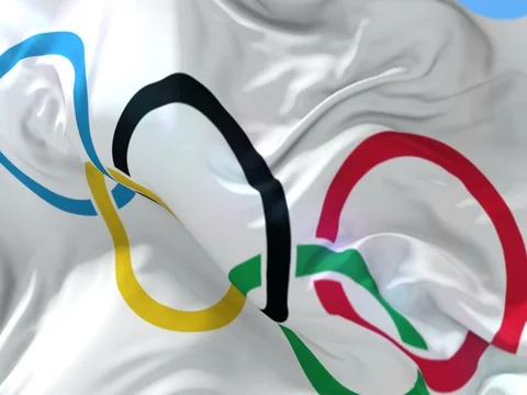 Olympic flag waving at wind with blue sky, loop Stock Footage 80815849