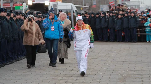 Olympic flame in Siberia, in honor of the 2014 Olympics Stock Footage 33273322