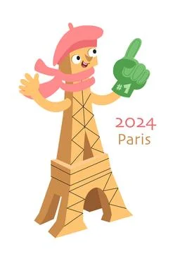 Olympic Games 2024. Eiffel Tower. Cartoon character with beret and fan glove 库存插图