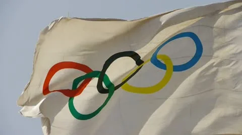 Olympic-Games flag flutters in wind. Stock Footage