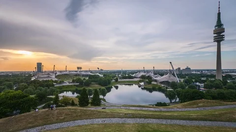 Olympic Park Munich with TV Tower Stock Footage 80761280