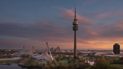 Olympic Park Munich with TV Tower - fast Zoom out transition - TL ND 4K+ Stock Footage 90279009