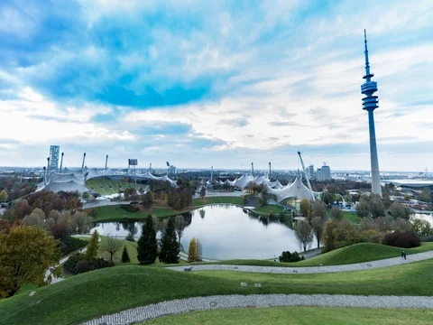 Olympic Park Munich with TW tower time lapse Stock Footage 76028472