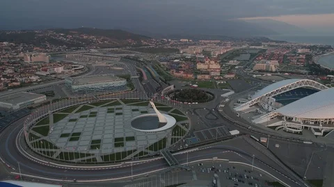 The Olympic park in Sochi. Flame and fisht stadium view. Aerial 4K. Video stock 99706517