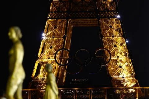 Olympic rings on the Eiffel Tower, Paris, France - 13 Jun 2024 Stock Photos