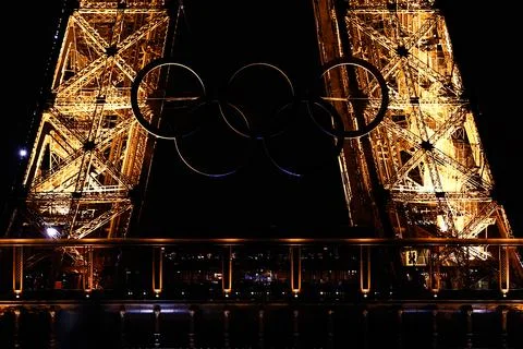 Olympic rings on the Eiffel Tower, Paris, France - 13 Jun 2024 写真素材