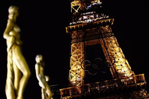 Olympic rings on the Eiffel Tower, Paris, France - 13 Jun 2024 写真素材