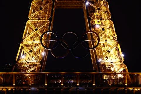 Olympic rings on the Eiffel Tower, Paris, France - 13 Jun 2024 写真素材