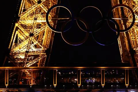 Olympic rings on the Eiffel Tower, Paris, France - 13 Jun 2024 写真素材