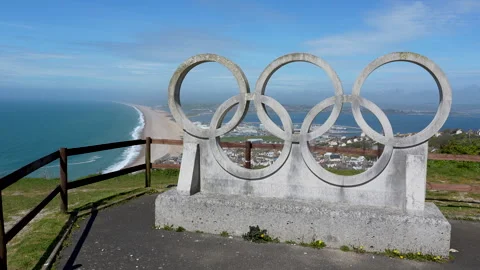 Olympic Rings Monument Overlooking Weymouth And Portland Coastline Stock Footage 340118751
