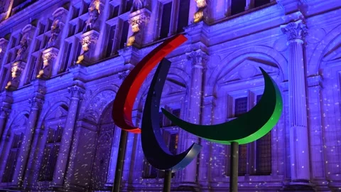 Olympic sign in Paris. Getting ready for the Olympic Games 2024 Stock Footage 167542687