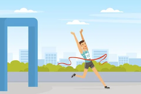 Olympic Sport with Man Running Marathon Raising His Hands Finishing Vector Stock Illustration