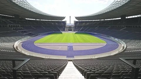 Olympic Stadium in Berlin, empty Olympiastadion. Sport venue for summer olympics Stock Footage 163778531
