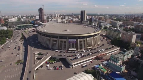 Olympic stadium Olimpiysky in Moscow city. Sport arena. Aerial flight. Sunny day Stock Footage