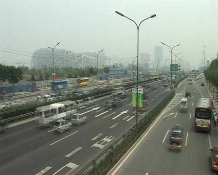  olympic stadium traffic polluted beijing  Stock Footage 277948
