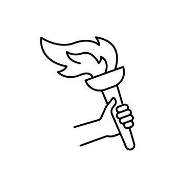 Olympic torch with fire in hand, line icon. Burning torch symbol of Olympic Stock Illustration
