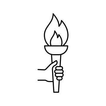 Olympic torch with fire in hand, line icon. Burning Olympic torch symbol of Illustrazione stock