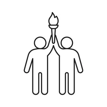 Olympic torch with fire in hands of people, line icon. Burning torch symbol of Illustrazione stock