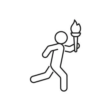 Olympic torch with fire in hands of runner, line icon. Burning Olympic torch Stock Illustration