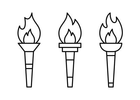 Olympic torch with fire, line icon set. Burning Olympic torch symbol of sport Stock Illustration