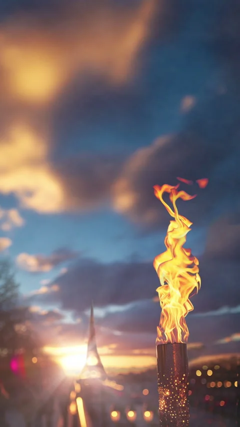 Olympic torch flame illuminates iconic Paris vertical timelapse Stock Footage 263466303