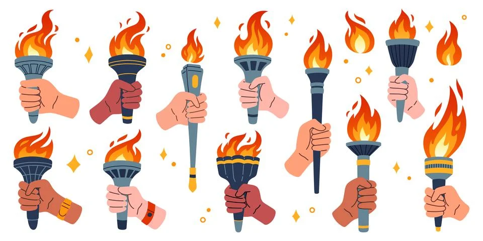 Olympic torch set. Vector isolated burning torches flames in hands. Symbols of Stockillustratie