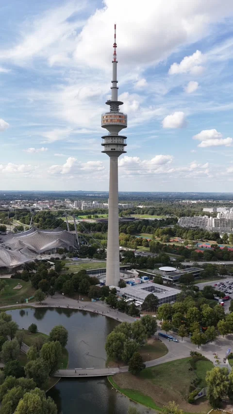 Olympic tower standing tall over olympiapark munich cityscape Stock-Footage 346602045
