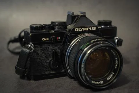 Olympus OM2 on grey background 写真素材