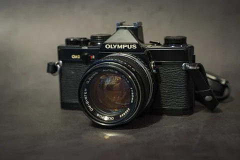 Olympus OM2 on grey background 写真素材