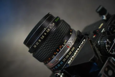 Olympus OM2 on grey background 写真素材