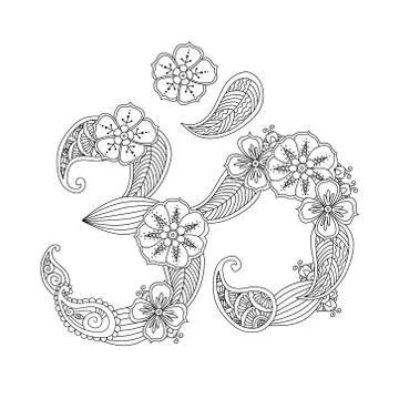 Om, or Aum sign lined with flowers and leaves Stock Illustration