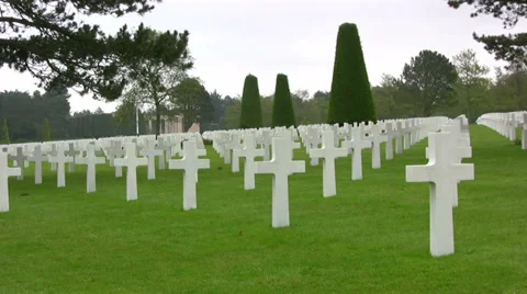 Omaha Beach, Normandy American Cemetery. Pan of the white crosses Stock Footage