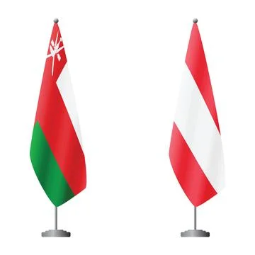 Oman and Austria flags on flagpoles for official ceremonies and meetings Stock Illustration
