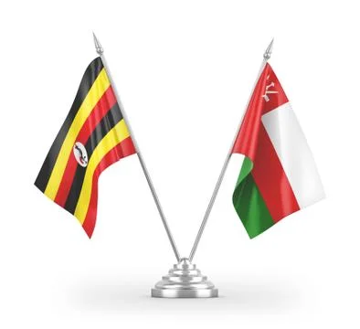 Oman and Uganda table flags isolated on white 3D rendering Stock Illustration