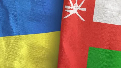 Oman and Ukraine two flags textile cloth 3D rendering Stock Illustration