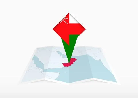 Oman is depicted on a folded paper map and pinned location marker with flag.. Stock Illustration