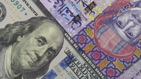 Oman dinar rial US dollar bill rotating. Oman and USA trade Video stock 105378061