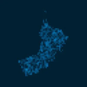 Oman dotted glowing map. Shape of the country with blue bright bulbs. Vecto.. イラスト素材