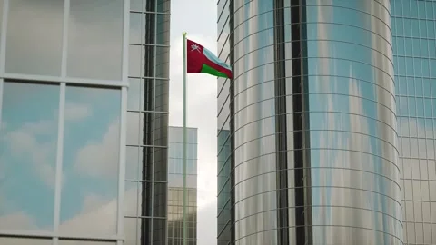 Oman Flag 3D Render Animation on Pole with City Buildings Stock-Footage 332885801