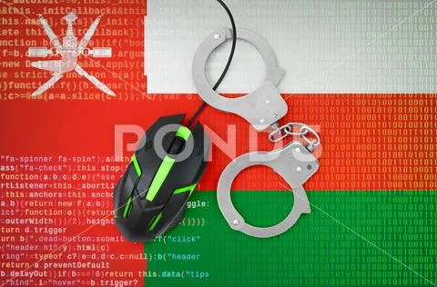Oman flag and handcuffed computer mouse. Combating computer crime, hackers a Stock Photos