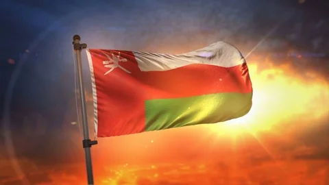 Oman Flag Backlit At Beautiful Sunrise Loop Slow Motion 4K Stock Footage 76664897